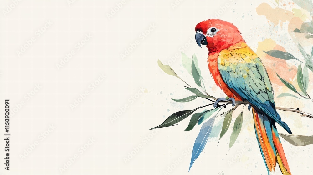 Fototapete bright parrot illustration perched on branch with ample copy space for text and design elements. gen