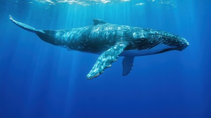 Stunning underwater shot of a humpback whale. Ideal for marine life documentaries, ocean conservation projects, or travel brochures showcasing ocean wildlife.