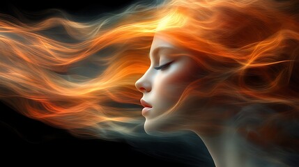 Serene woman with fiery, flowing hair.