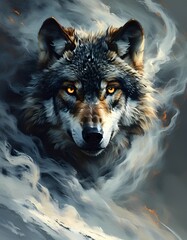 A wolf's head emerges from swirling smoke or clouds in shades of gray and white. The wolf has piercing amber eyes and detailed fur. The image has a dramatic and mystical atmosphere.
