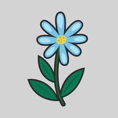 single blue flower with outline flat vector design.