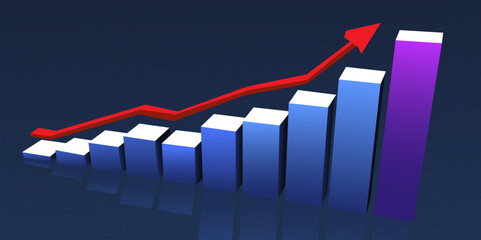 Abstract creative statistics, financial growth, business success and development concept growing blue bar chart with red up arrow on blue background with.
