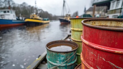 Naklejka premium Abandoned Pier with Stacked Waste Barrels in Overcast Skies