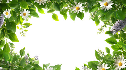 Fototapeta premium Green leaves and blooming flowers forming a frame 