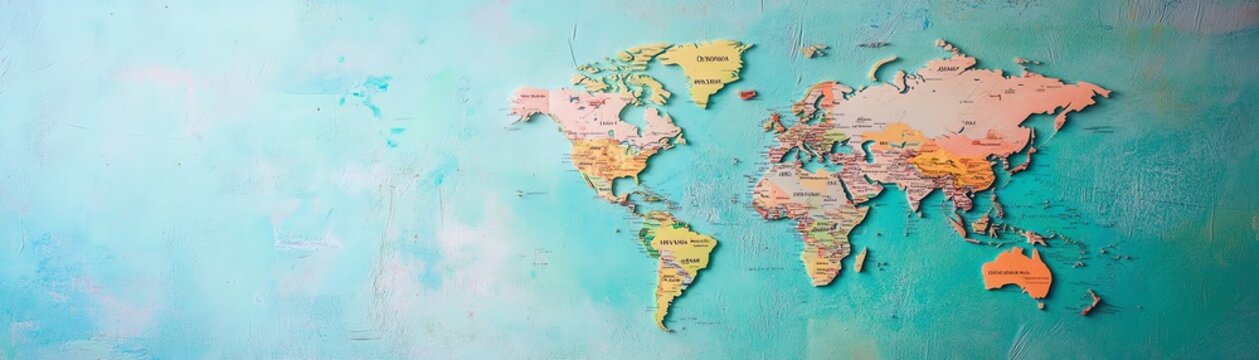 Fototapeta Colorful world map on a textured blue background for educational or decorative use.