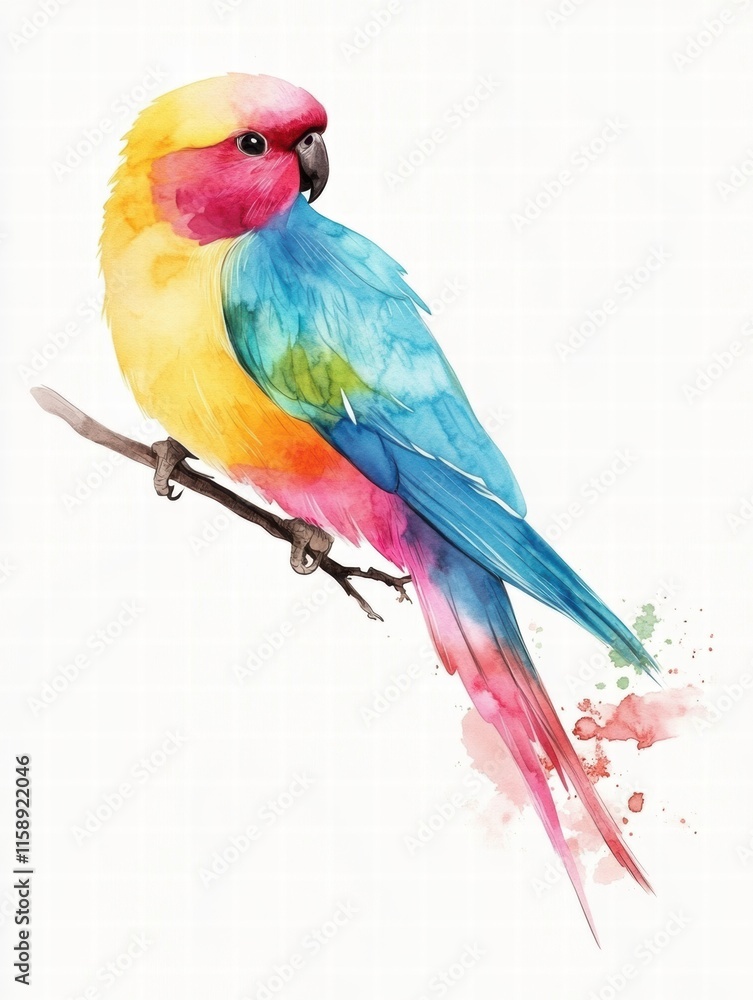 Poster brightly colored parrot perched gracefully on a branch with vibrant feathers in a serene environment