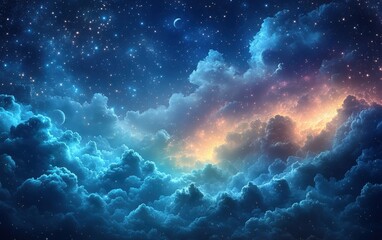 Fototapeta premium Vibrant, colorful night sky with clouds and stars.