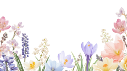 Spring garden flowers creating a frame including hyacinths, crocuses, and lilies of the valley in soft pastel tones.