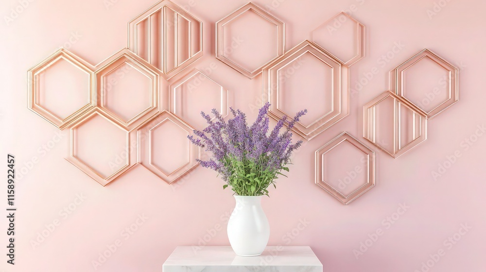 Aufkleber a decorative wall display with interconnected rose gold hexagonal frames, combining open outlines an