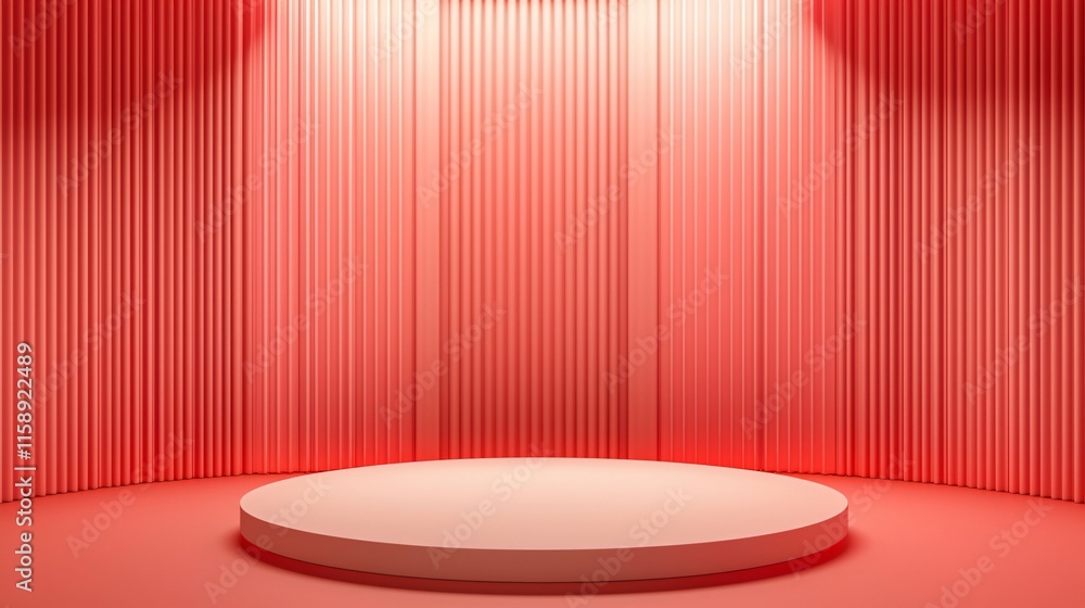 Poster valentine podium and backdrop. red-lit studio space with a circular platform and textured walls.