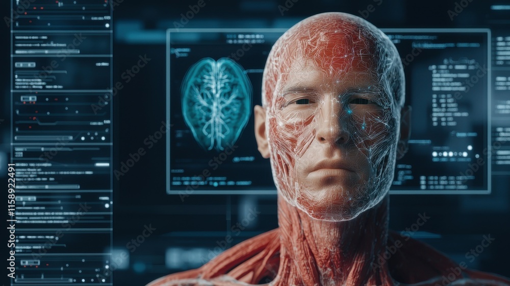 Poster futuristic virtual reality interface displaying encrypted health data and brain anatomy