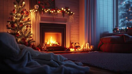 A cozy interior scene with a crackling fireplace, plush blankets, and warm lighting, adorned with festive decorations, inviting relaxation on a cold winter evening.