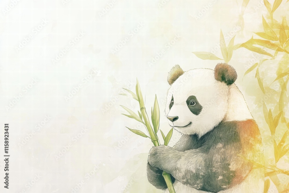 Fototapete Panda happily holding bamboo in a serene setting with ample space for text and soft background. Generative AI
