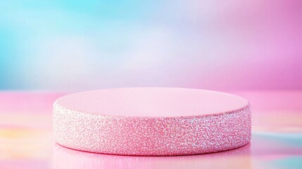 Valentine podium and backdrop. Pink circular platform on a colorful pastel background, ideal for product display.