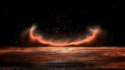 Glowing red dust swirls on a dark, rocky surface, resembling a Martian landscape.