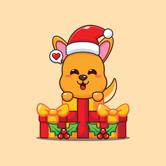 Cute kangaroo is happy to receive a Christmas gift cartoon vector illustration.