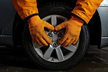 Fototapeta premium Close-up of gloved hands tightening wheel nuts. Illustrates car maintenance, tire repair, or automotive safety.
