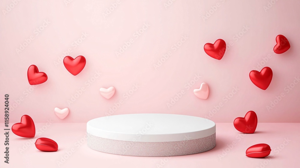 Poster valentine podium and backdrop. a minimalist display with floating hearts on a soft pink background.