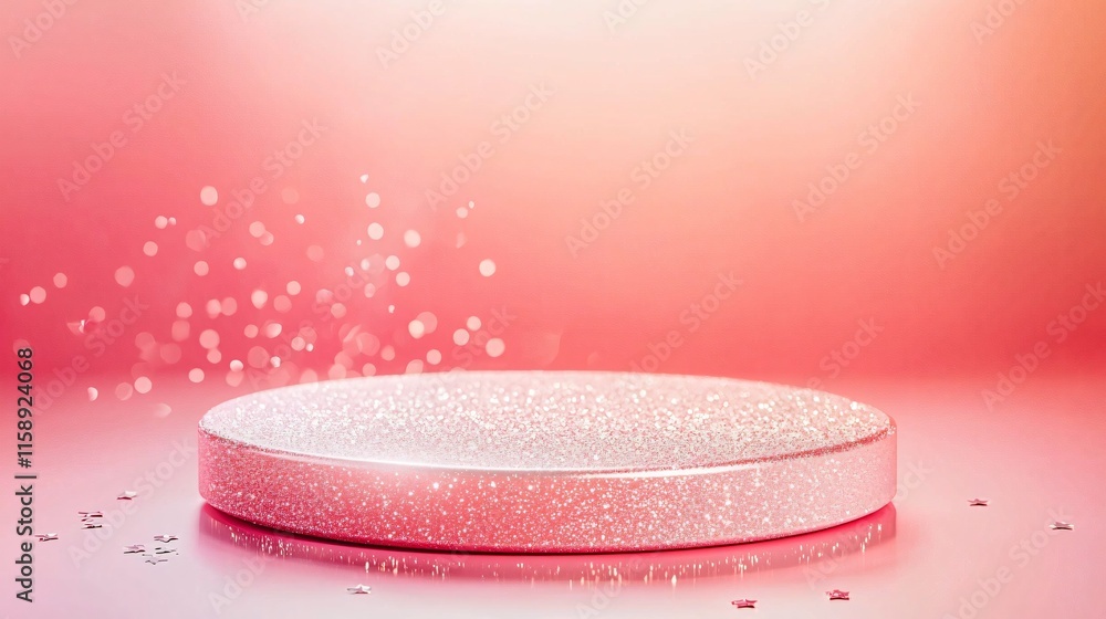 Poster valentine podium and backdrop. pink podium with sparkling particles on a soft gradient background.