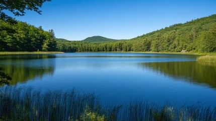 Tranquil Blue Lake Surrounded by Lush Green Forest Under Clear Sky