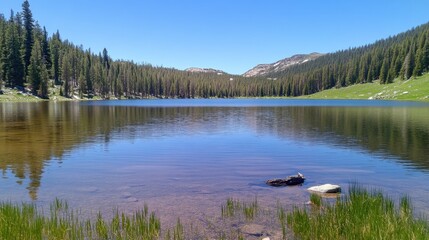 Obraz premium Calm Mountain Lake Surrounded by Lush Green Pine Forests