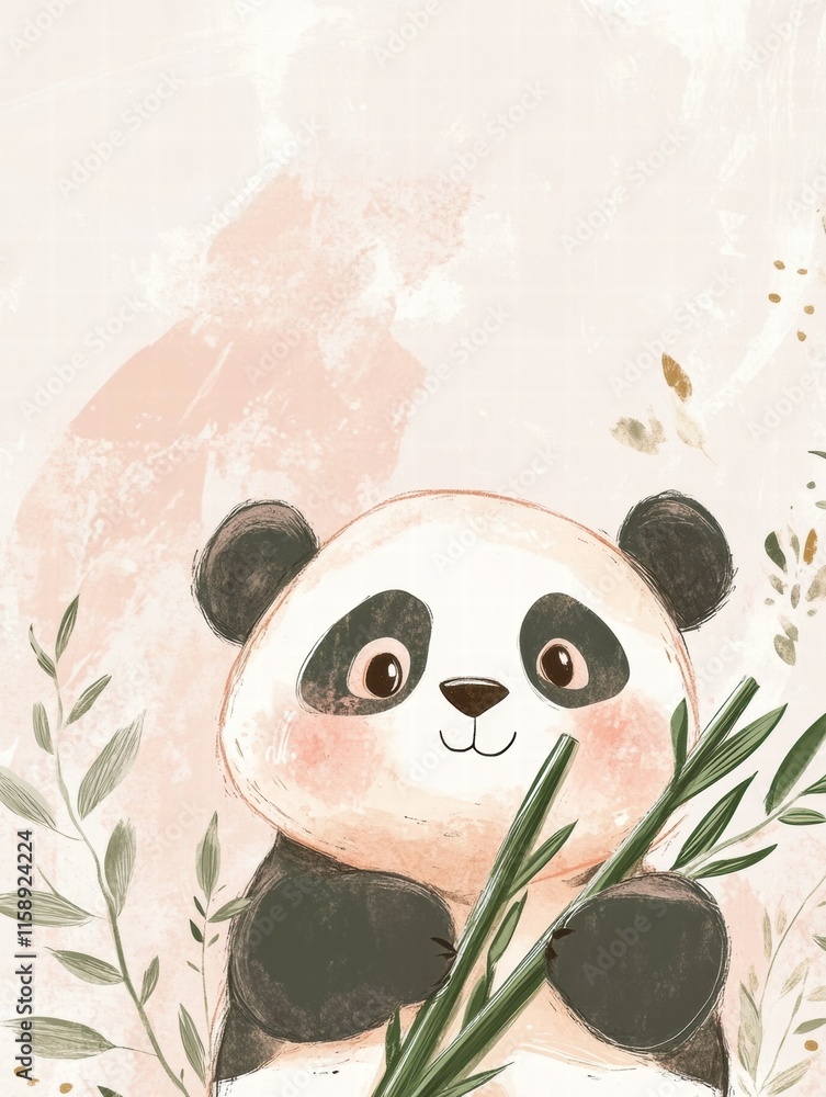Aufkleber Cute panda holding bamboo with a soft background offering space for text and design elements. Generative AI