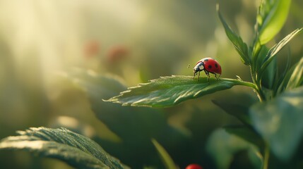 Obraz premium Close-up of a Ladybug on a Leaf in a Lush Green Environment