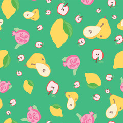 Vector Fruits Seamless Pattern. Colorful Bright Apples Pears Pomegranate Lemon Repeat Pattern for textiles 