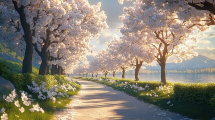 Serene path lined with blossoming cherry trees by a lake at sunset.