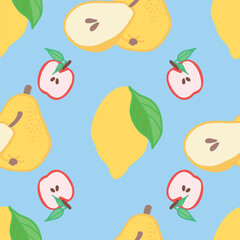 Vector Fruits Seamless Pattern. Colorful Bright Apples Pears Pomegranate Lemon Repeat Pattern for textiles 