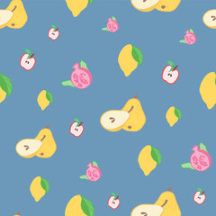 Vector Fruits Seamless Pattern. Colorful Bright Apples Pears Pomegranate Lemon Repeat Pattern for textiles 