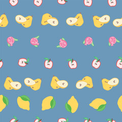 Fototapeta premium Vector Fruits Seamless Pattern. Colorful Bright Apples Pears Pomegranate Lemon Repeat Pattern for textiles 