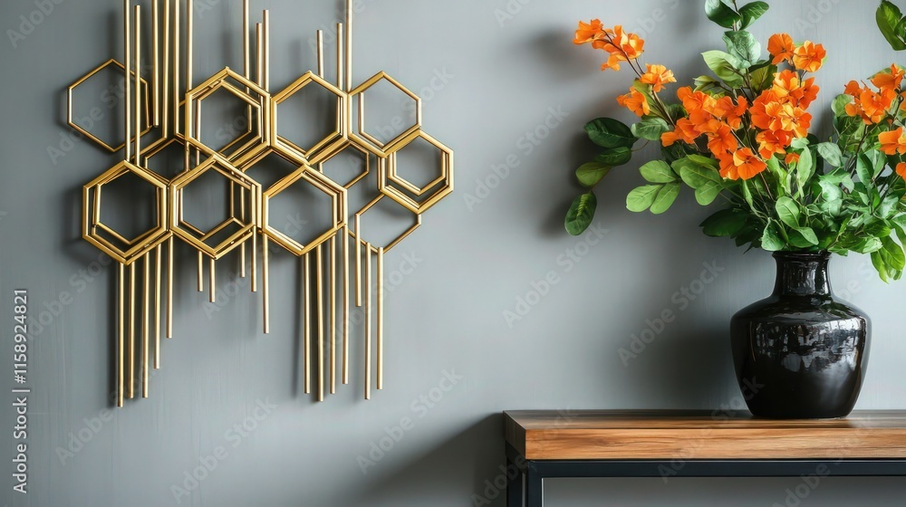 Poster a modern geometric wall decoration made of gold metallic rods, featuring interconnected hexagonal sh