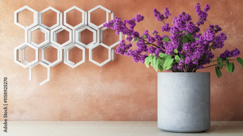 Poster a modern wall piece crafted from sleek white metal rods in an interconnected hexagonal pattern, with