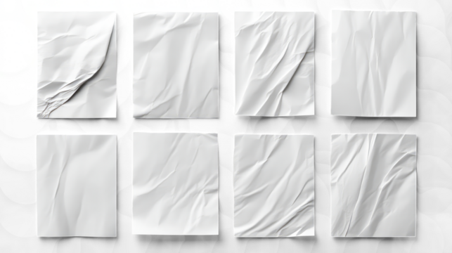  white rectangular paper pieces with visible creases and folds, arranged in two rows on a white background