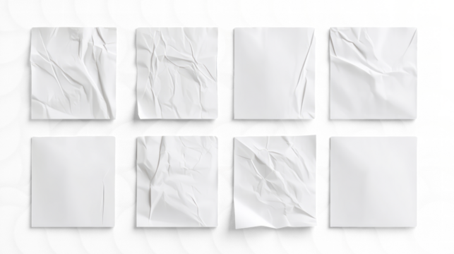  white rectangular paper pieces with visible creases and folds, arranged in two rows on a white background