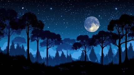 Serene Night Landscape with Full Moon and Starry Sky