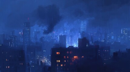 Nighttime Cityscape with Rain and Dramatic Lighting Effects