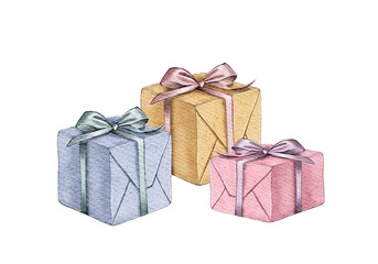 Watercolor Gift Boxes. High quality illustration. A set of blue, yellow, beige and pink gifts. Ideal for congratulations on holidays, birthdays. New Year's surprise.
