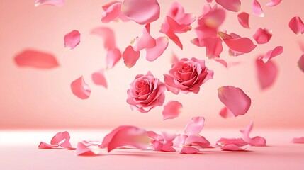 Valentine podium and backdrop. Floating pink rose petals and blooms create a romantic atmosphere against a soft background.