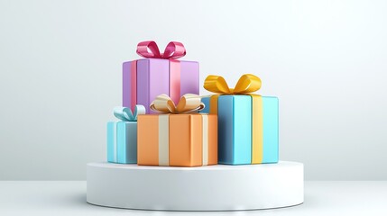 Obraz premium A colorful stack of wrapped gifts sits atop a white stand, adorned with a festive bow