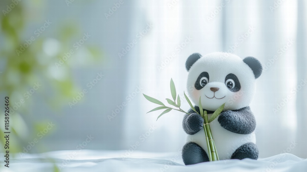 Poster cute panda plush toy happily holding bamboo with soft natural light and ample copy space for text. g