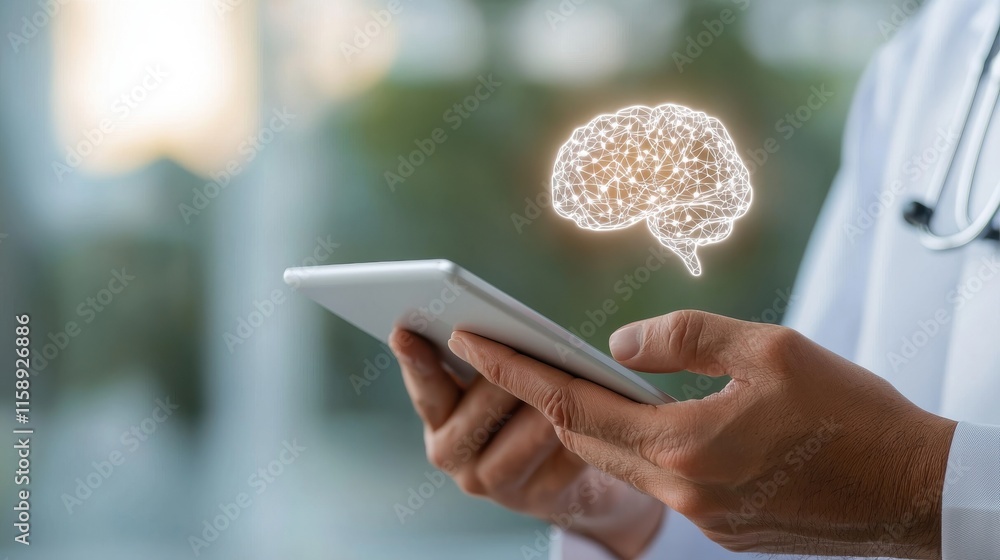 Poster futuristic brain shaped digital assistant or virtual health technology displaying predictive data an
