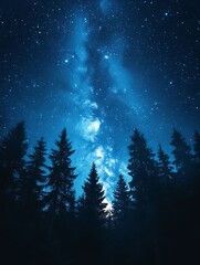 Fototapeta premium Milky Way over silhouetted pine forest at night.