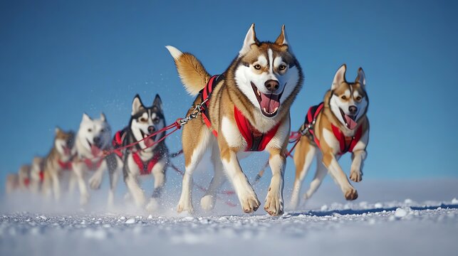 Excited sled dogs pulling a snow-covered sled.
