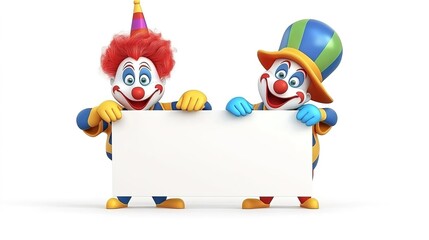 Fototapeta premium Retro Style Circus Clown Holding a Blank White Sign on a White Background for Custom Design