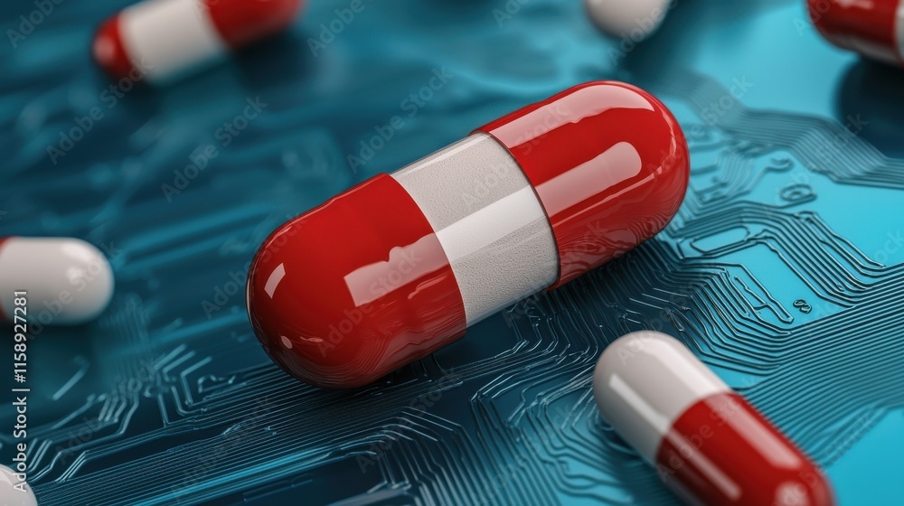 Poster glowing smart pill with futuristic tech interface on circuit board background conceptual image repre