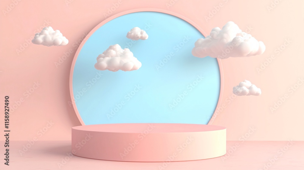 Poster valentine podium and backdrop. pastel background with clouds in a circular display setting, ideal fo