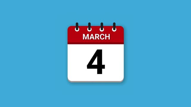 March Calendar vector video on blue background. Flipping pages video through the days of the entire month. Calendar animation with March month. Calendar video. New year calendar.