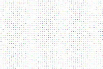 grid with letters special characters and numbers of ASCII code with random colors on white
